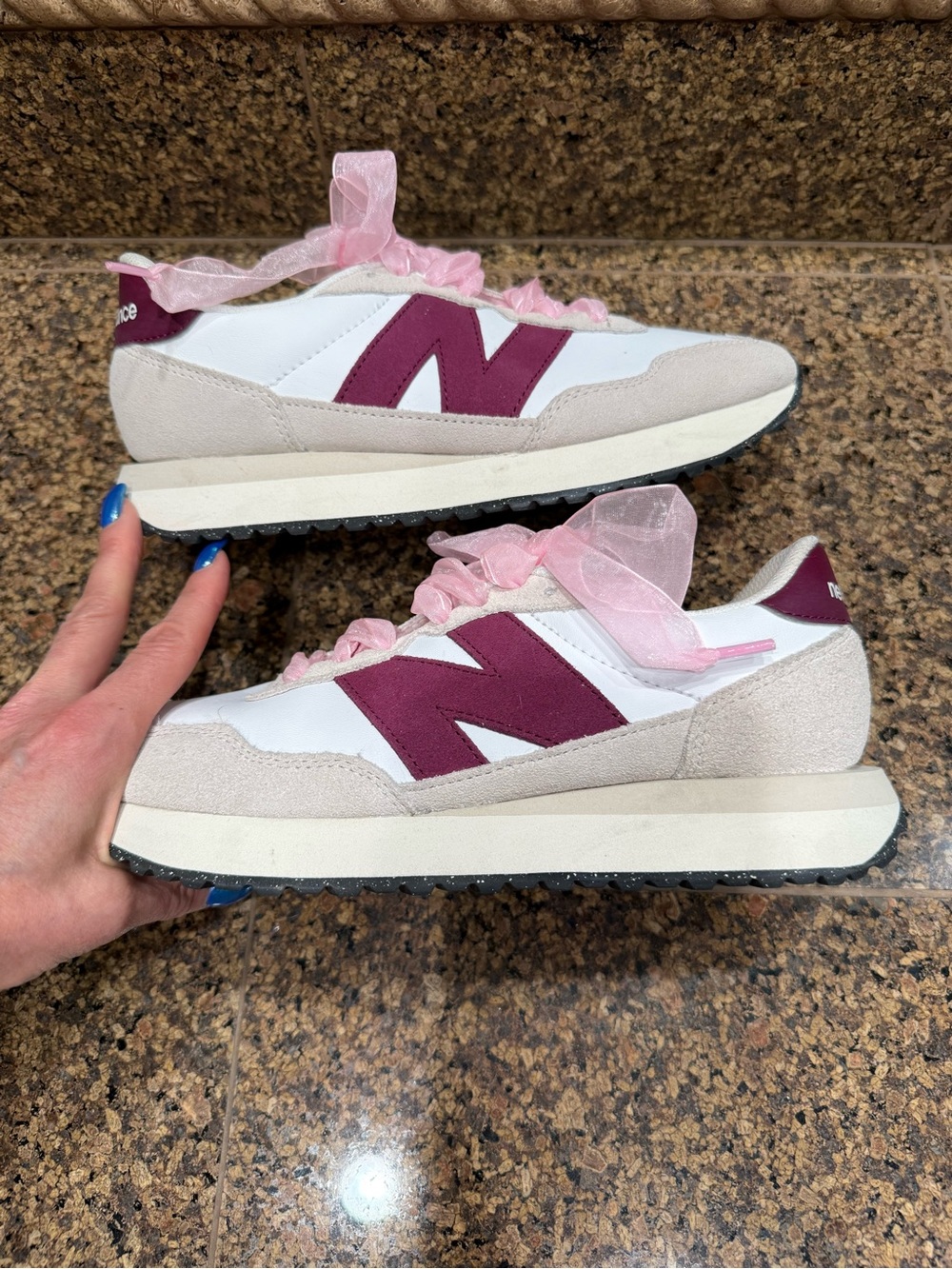 New Balance 237 White Pink and Maroon Women's Athletic Sneakers - Picture 3 of 8